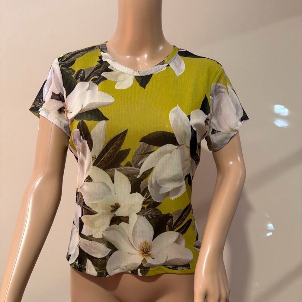 AllSaints Green and White Floral Mesh Short Sleeve Top Size 8